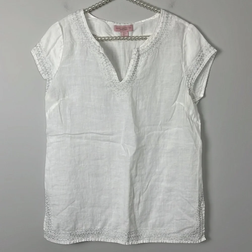 Saint Tropez West White Linen Crochet-Trim Cap Sleeve Top - Picture 2 of 7